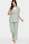 Zivame Maternity Retro Flowers Knit Cotton Pyjama Set - Cyan Blue — thumbnail 2